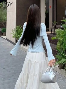 [Y6Y] 蝴蝶结柔美长袖针织上衣 | 不对称下摆设计，秋冬 - 藍色 - 查看 2