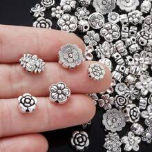 50/100 件混合复古银色花朵珍珠、雏菊和玫瑰花朵合金隔珠，适用于 DIY 手链、项链、珠宝、情侣配饰、情人节礼物