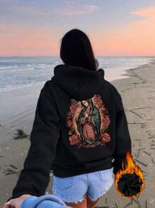 休闲圣母玛利亚印花羊毛连帽衫，抽绳连帽口袋时尚宽松秋冬羊毛运动衫，长袖上衣