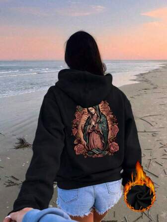 休闲圣母玛利亚印花羊毛连帽衫，抽绳连帽口袋时尚宽松秋冬羊毛运动衫，长袖上衣