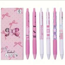 6 canetas neutras de secagem rápida com laço rosa, ponta fina de 0,5 mm, escrita suave, adequadas para material escolar e de escritório, caneta-pincel com laço de balé, caneta neutra de secagem rápida ST, caneta preta prensada rosa feminina, caneta com estampa de desenho animado para estudantes, caneta com losango de laço rosa, caneta prensada ST de secagem rápida - caneta pincel estilo INS para estudantes, caneta com estampa feminina (estilo e cor aleatórios), material escolar, itens essenciais para a escola, volta às aulas, material escolar, material escolar para a volta às aulas