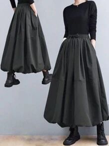 女士休闲 A 字形侧袋中长裙 - 灰色 - 查看 1