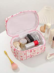 1pc Pink Heart-Shaped Bow Quilted Makeup Bag. Valentine's Day, Love/Lover, Heart, XoX0/Kiss Teddy Bear Travel Cosmetic Bag, Multi-Function Cosmetic Bag Bathroom Wash Bag, Jewelry Storage Bag, Perfume Skin Care Storage Bag, Brush Bag, Sanitary Napkin Bag, Headset Bag, Coin Purse, Glasses Bag, Suitable For Family, Travel, School And Work. Suitable For Women And Students. Holiday Gift, Birthday Gift, Christmas Gift, Mom's Gift, Commemorative Love - Baby Pink - View 10