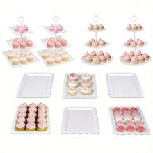 10 Pcs Cake Stand White Plastic Dessert Table Display Set 4 Pcs 3 Tired Cupcake Stand Cookie Tray Rack Serving Tray Cake Display Tower And 6 Pcs Dessert Trays For Wedding Baby Shower Tea Party (White) - 2 Squares + 2 Flower Shapes + 6 Trays - View 3