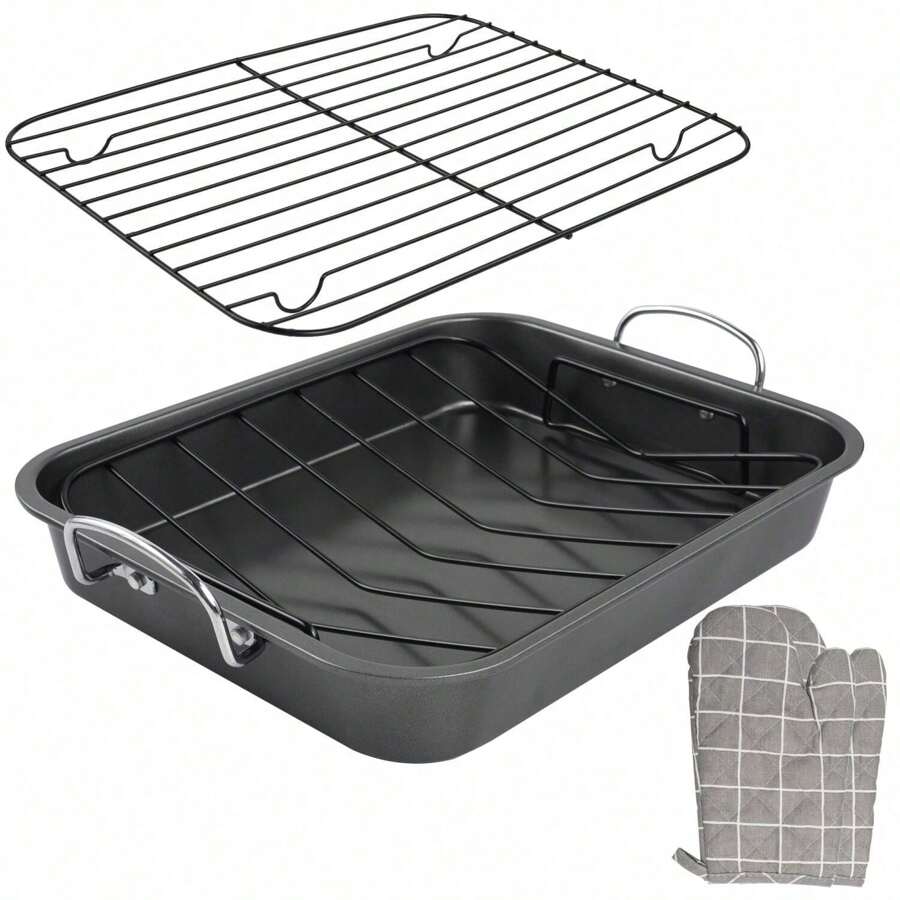 Roasting Pan With Rack, 16 Inch X 11.5 Inch Rectangular Roaster Set For ...
