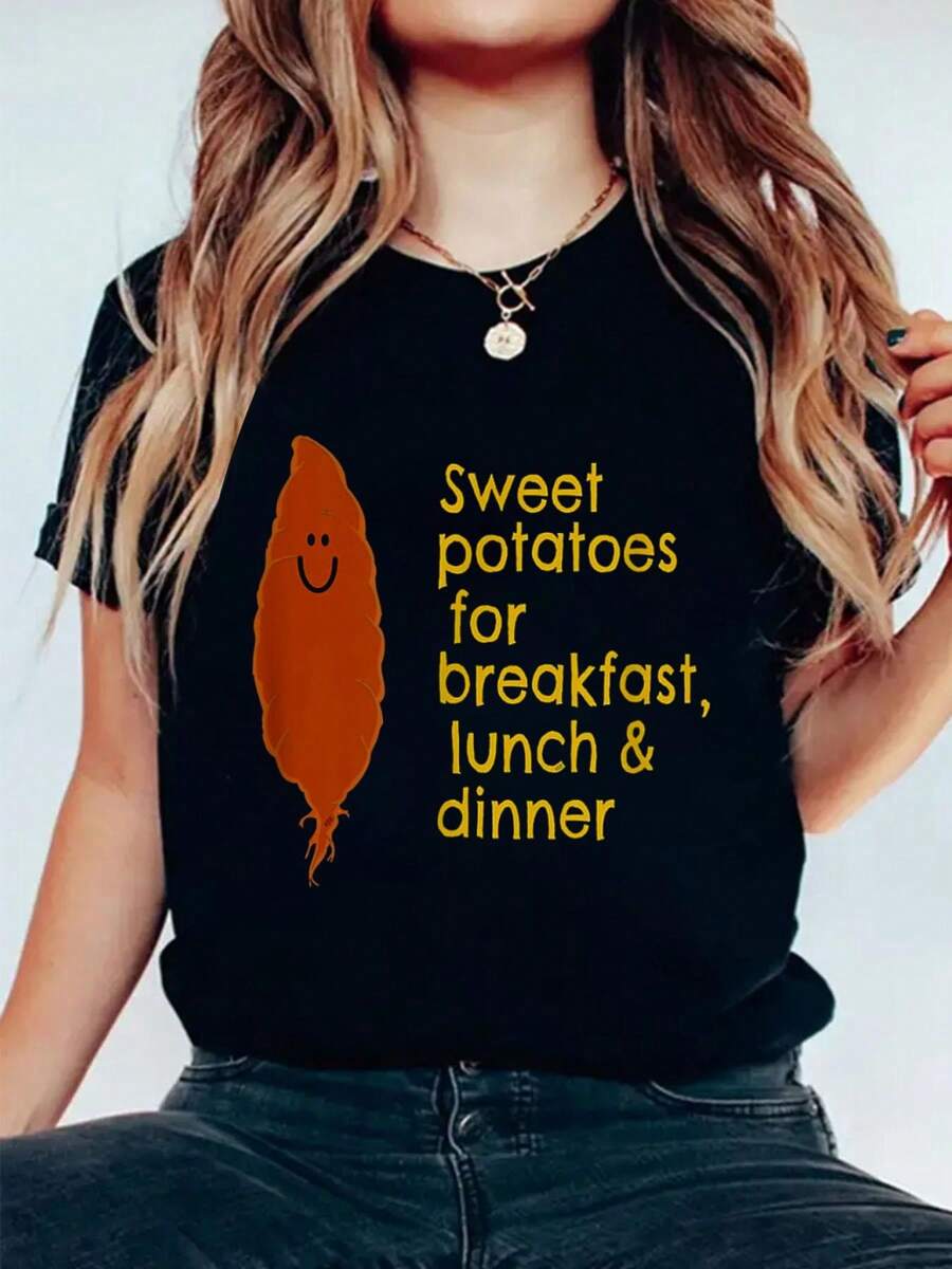 I Love Sweet Potatoes T Shirt Vegetarian Carb Lovers Gifts Print Cotton T-Shirt For Summer, Women's Soft Short Sleeve Top, Stylish Comfy Tee For Women Graphic Tees - Black - View 1