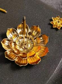 Porta-incenso de metal com flor de lótus e suporte minimalista de madeira, adequado para incensos em bastão e cone, cinzeiro e porta-velas multifuncionais, decoração de aromaterapia interna para meditação, ioga, casa, adequado para Natal, Halloween, Páscoa