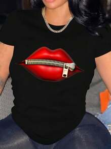 Red Lip Print, 220g Pure Cotton, Casual Crew Neck, Perfect For Cool Casual Days And Street Style.