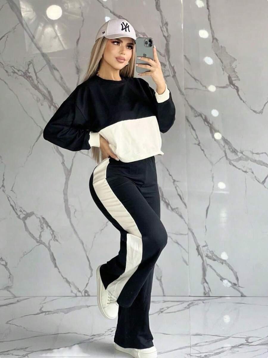 Set de 2 piezas jersey holgado de cuello redondo de manga larga y pantalones casuales holgados para mujer - Negro - Ver 1