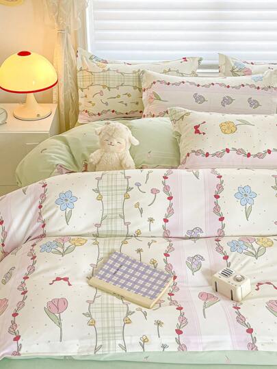 4pcs (1pc Duvet Cover + 1pc Bed Sheet + 2pcs Pillowcases) Soft Brushed Bedding Set, Suitable For Dorm Bunk Beds, All Seasons, Suitable For Nursery, Kindergarten, Children's Room, Toddler, Student, Babysitter, 360-Degree Wrap-Around