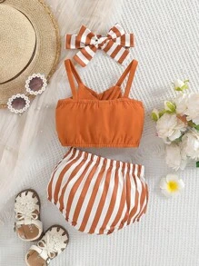 3 件套女婴夏季假期休闲扭纹背心、条纹荷叶边短裤和头带、沙滩游玩装 - 駝色 - 查看 2