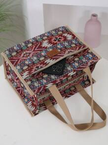 New Thick Knit Jacquard Fabric Tote Bag, Large Capacity Portable Lunch Box Bag, Suitable For Work Lunch, Outdoor Picnic, Lunch Box Storage, Insulated Aluminum Foil Lining, Front Zipper Pocket, RetroLunch BagWomanFor Women LadiesSchool Supplies Stuff Accessories