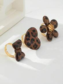 3 Stück übertrieben breite Ringe mit niedlichen Blasenblumen, Herzen, Schleifen und einzigartigem Leopardendruck Acryl mit Holzmaserung, vielseitiger Alltagsstil für Frauen, Feiern und Geschenke für die Freundin am Valentinstag (Leopardenmuster, Farbe und Anordnung sind zufällig)