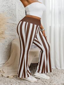 Plus Size Women's Wide Leg Striped Print Casual Pants, Long Length - Brown - View 7