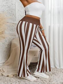 Plus Size Women's Wide Leg Striped Print Casual Pants, Long Length
