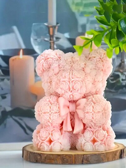1pc New Valentine's Day 3D Rose Flower Bow Bear Shaped Creative Gift, DIY Holiday Decorative Ornament Craft, Cute Animal Fragrance Candle Silicone Mold