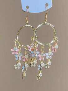 1 对时尚优雅小花长流苏吊坠耳环女士复古优雅精致婚礼派对珠宝礼物 - 耳環 - 查看 1