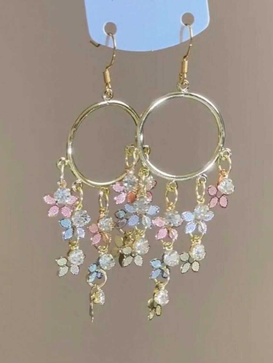 1 对时尚优雅小花长流苏吊坠耳环女士复古优雅精致婚礼派对珠宝礼物 - 耳環 - 查看 1