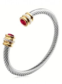 1 Pc Stainless Steel Cable Bracelet With 12 Birthstones And Zirconia, Suitable For Women