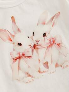 Conjunto de 3 piezas de ropa de Pascua para niñas pequeñas, mono de manga corta con estampado de conejito y pantalones cortos elásticos con diadema. - Blanco - Ver 5
