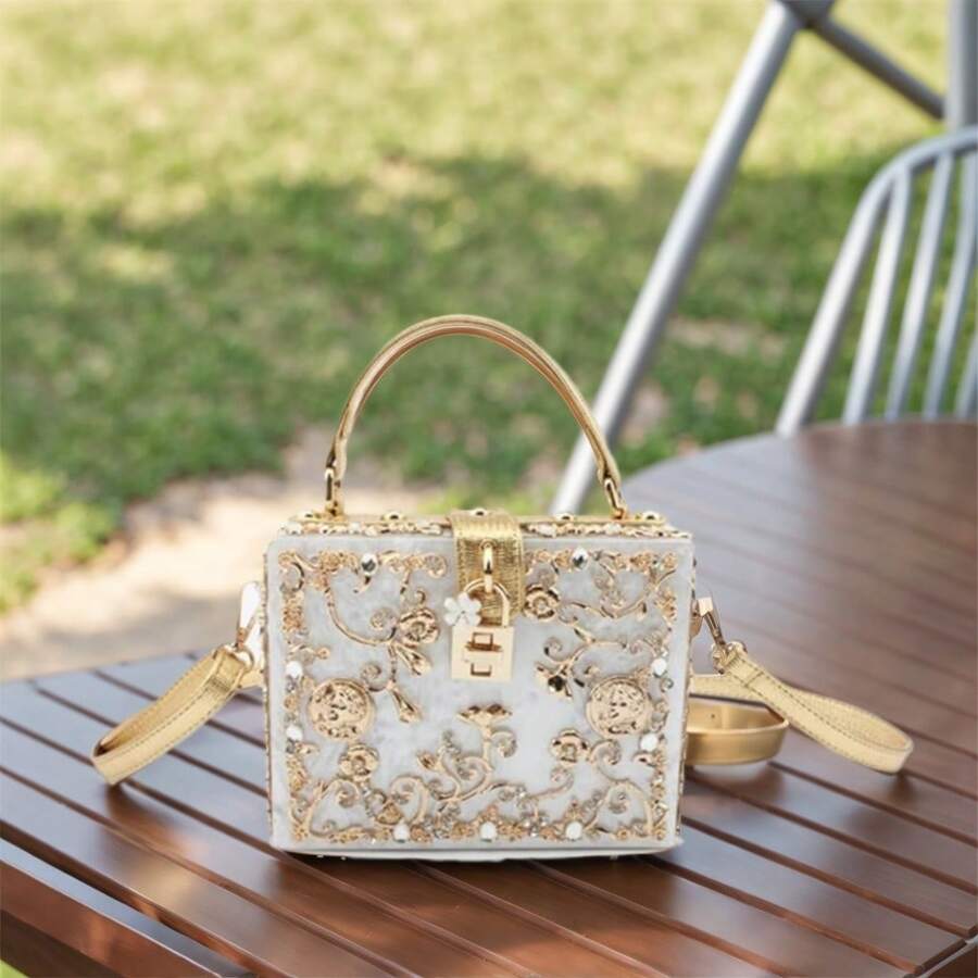 Elegant Women's Evening Clutch With Rhinestones - Acrylic Square Box Bag With Detachable Strap, Floral Design In Black/White - 白色 - 查看 1