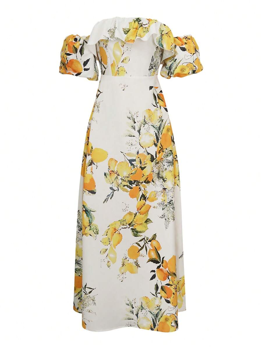 女装夏季优雅水果印花单肩弹力蕾丝泡泡袖派对精致轻熟风气质修身淑女法式复古节日风印花优雅情人节礼物毕业季节日女装连衣裙长裙 - 彩色 - 查看 1