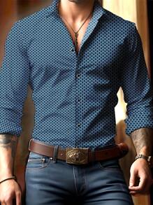 男士经典时尚迷人蓝色底印花长袖衬衫，父亲节礼物，百搭款式，适合所有季节，常规版型，面料略有弹性，秋季 - 藏蓝色 - 查看 1