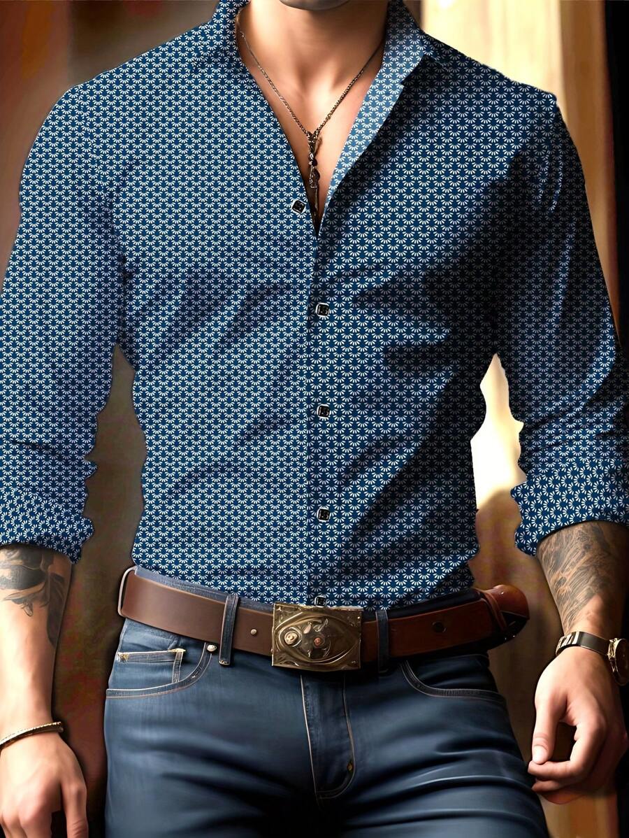 男士经典时尚迷人蓝色底印花长袖衬衫，父亲节礼物，百搭款式，适合所有季节，常规版型，面料略有弹性，秋季 - 藏蓝色 - 查看 1