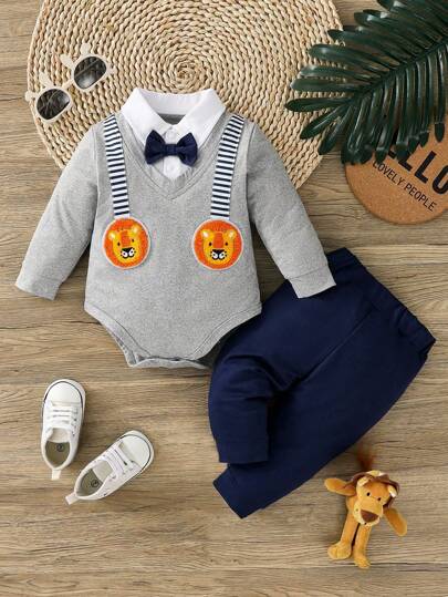 Hibobi 2 piezas Conjunto de pelele para bebé niño con estampado de animales de dibujos animados, top de manga larga y pantalón con tirantes, adecuado para niños de 0 a 1 año para primavera y otoño