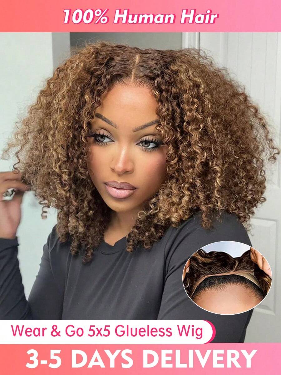 PANALA Wear And Go Affordable Glueless Ready To Wear Wig Human Hair Pre Plucked Precut, P4/27 Highlight Ombre Honey Blonde Curly Bob, 180% Density 5x5 Lace Closure Glueless Wigs With Natural Hairline For Women Christmas Gift Holiday Party - SP4/27 - Xem 1
