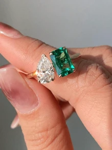 1 件时尚 925 银几何水滴戒指适合女士日常服装派对配饰高级复古派对精美珠宝礼物 - 水滴方形 - 查看 3