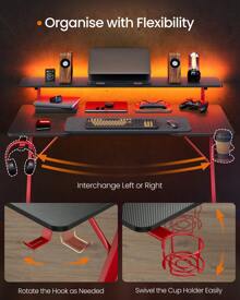 SONGMICS HOME Gaming Desk With LED Lights, Z-Shaped Computer Desk With Monitor Stand, Cup Holder And Headphone Hook, For Home Office, Carbon Black And Ruby Red