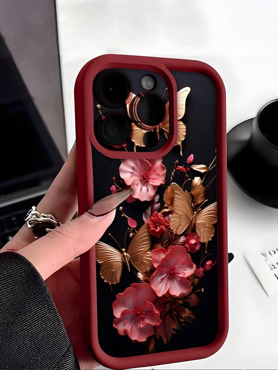 1pc Vintage Red Floral & Gold Butterfly Soft TPU Shock-Proof Anti-Slip Phone Case Compatible With Iphone - Multicolor - View 1