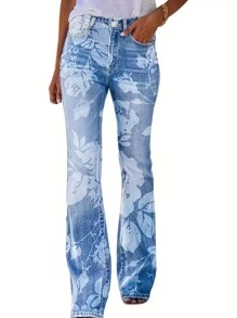 Women's Retro Printed High Waisted Elastic Flared Jeans With Fringed Hem Details - Casual Versatile Jeans, Machine Washable, Suitable For All Seasons - Màu xanh lam - Xem 4