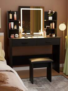 VOWNER 42.5" Vanity Desk With LED Lighted Mirror,  Makeup Vanity Table With Soft Stool, 2 Drawers & 6 Open Shelves For Storage, 3 Color Light Modes, Bedroom Vanity Set Gifts For Girls Women, Christmas - màu đen - Xem 4