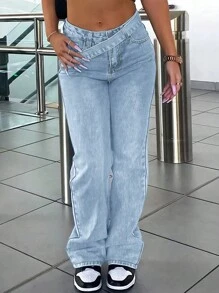 女士Y2K水洗不对称腰带装饰休闲牛仔裤，带侧袋，春季款 - 藍色 - 查看 3
