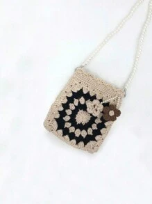 1pc Handmade Crochet Coin Purse, DIY Phone Pouch, Striped Floral Phone Bag, Beach Bag, Ideal For Summer, Vacation And Daily Use, Essential For Travel - Black and White - View 2