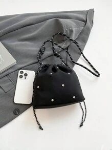 带水钻的抽绳水桶包，时尚休闲编织肩带女士单肩/斜挎包，轻便防水简约日式风格 - 黑色 - 查看 6