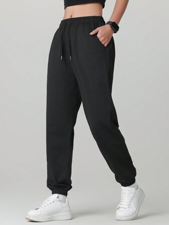 1pc Women's Solid Color Pocket Casual Daily Wear Hiking Travel Versatile Running Cycling Jogging Pants