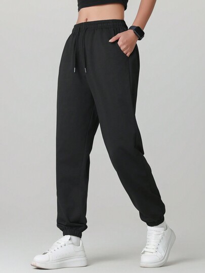 1 件女士纯色口袋休闲日常穿着徒步旅行多功能跑步骑行慢跑裤