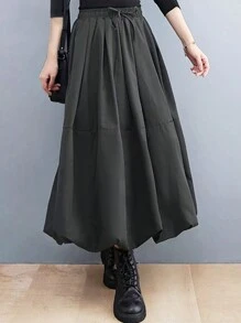 女士休闲 A 字形侧袋中长裙 - 灰色 - 查看 7