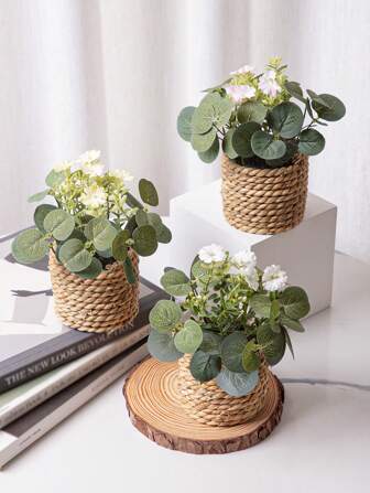 1/3株人造尤加利小花盆栽，配海藻绳，含花盆，PE材质，桌面装饰，餐桌装饰，中心摆件，学校宿舍办公室装饰，派对活动节日生日派对装饰，情人节礼物，适用于家居入口、酒店餐厅、客厅、卧室、婚礼宴会、厨房花园装饰，绿色装饰