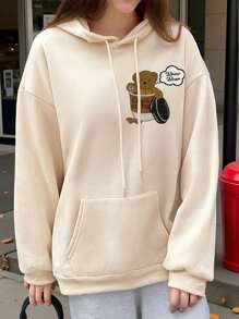 Casual Kangaroo Sweatshirt With Coffee Bear Slogan Print - 杏色 - 查看 2