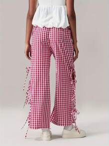 Women Y2K Wide Leg Gingham Pants Elastic High Waist Side Tie Loose Fit Plaid Trouser Lounge Pants