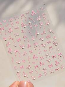 1pc 2025 Chinese New Year Pink Bow Nail Art Stickers, 5D Mixed Luxury Crystal Pearl Nail Tape, Self-Adhesive Nail Decor Stickers, DIY - Pink - View 2
