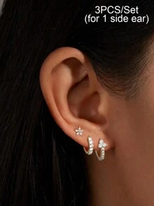 Set de 3 piezas (para 1 oreja) de aretes para mujeres con baño de oro y circonita, aretes de aro y pendientes para mujer, accesorios de joyería para fiesta - 3 unids/set - Ver 5