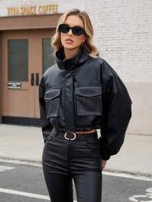 ZIAI Women's Casual Short Solid Color PU Leather Stand Collar Jacket With Pockets - Black - View 5