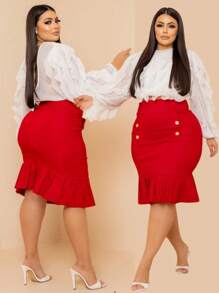 Women's Bengaline Skirt With Buttons And Ruffle Detail - 紅色 - 查看 1