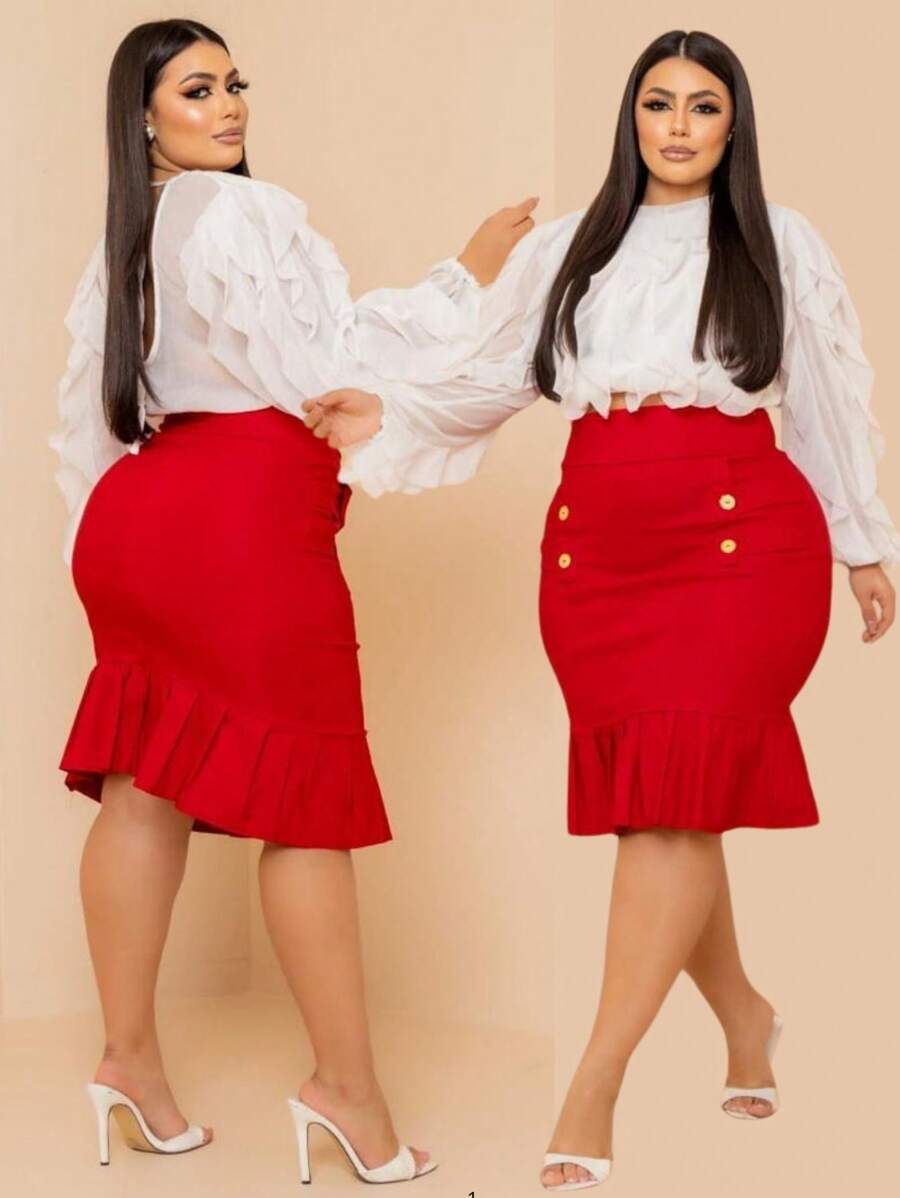 Women's Bengaline Skirt With Buttons And Ruffle Detail - 紅色 - 查看 1