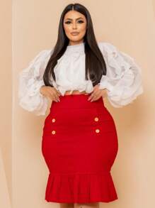 Women's Bengaline Skirt With Buttons And Ruffle Detail - 紅色 - 查看 4